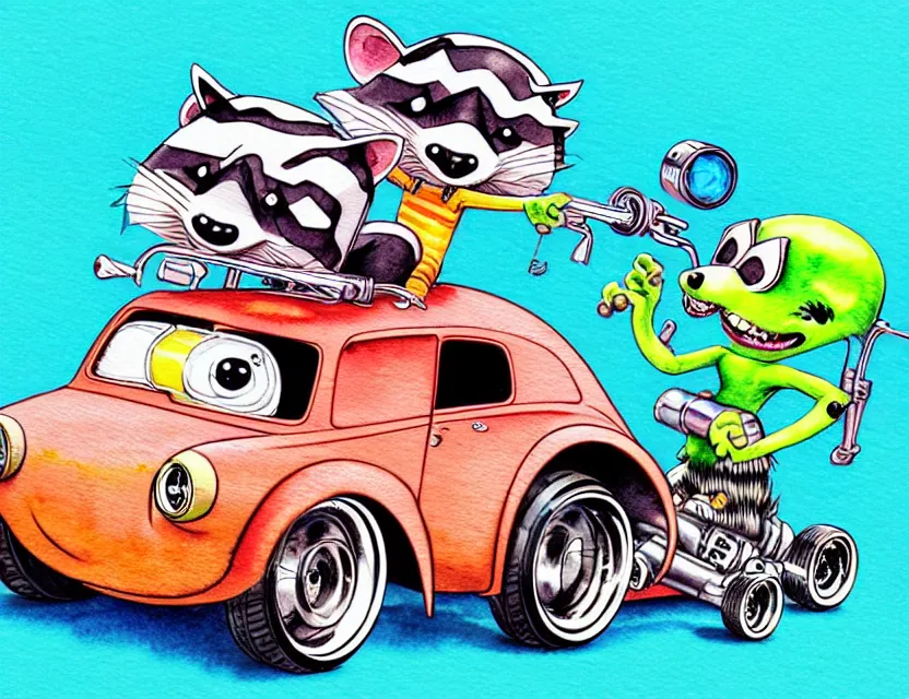 Image similar to cute and funny, racoon riding in a tiny hot rod coupe with oversized engine, ratfink style by ed roth, centered award winning watercolor pen illustration, isometric illustration by chihiro iwasaki, edited by range murata