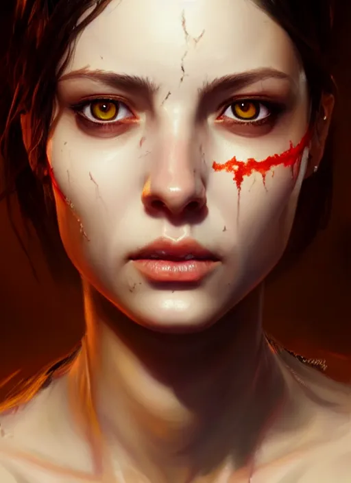 Image similar to a _ fantasy _ style _ portrait _ painting _ of female with scar under left eye, holy oil _ painting _ unreal _ 5 _ daz. _ rpg _ portrait _ extremely _ detailed _ artgerm _ greg _ rutkowski _ greg