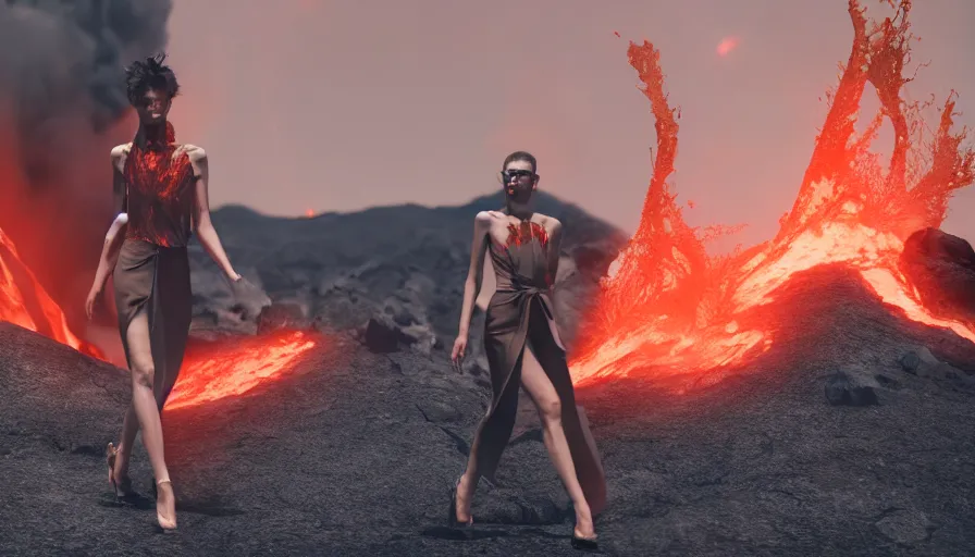 Prompt: A fashion Catwalk on a active volcano spewing lava, Fashion Photography, Octane, Redshift, High Detail