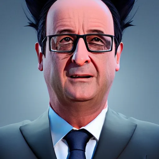 Image similar to François hollande with super saiyan hair charging up for a kamehameha, artstation, octane render, highly detailed