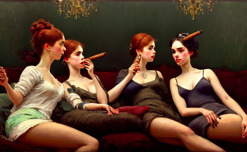 Prompt: portrait of several girls smoking cigars, sitting on a couch, highkey, realistic, serov, surikov, vasnetsov, repin, kramskoi, ultra realistic, depth of field insanely detailed, charlie bowater, tom bagshaw, norman rockwell, octane rendered, unreal engine, trending on artstation, 4 k