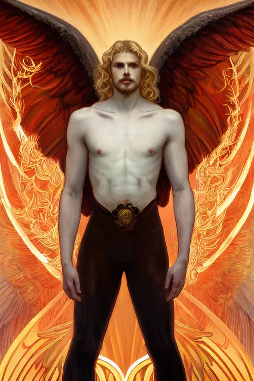Image similar to symmetrical fullbody portrait of a beautiful young fit male angel with curly blond hairs, fulldressed in long fluent clothes, majestic big red bat wings, luminous fire halo, by greg rutkowski and alphonse mucha, gradient white to gold, in front of an iridescent background, highly detailed portrait, digital painting, artstation, concept art, smooth, sharp focus illustration