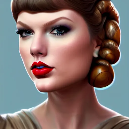 Image similar to Portrait of Taylor Swift as Princess Leia in Star Wars, intricate, elegant, super highly detailed, professional digital painting, artstation, concept art, smooth, sharp focus, no blur, no dof, extreme illustration, Unreal Engine 5, 8K