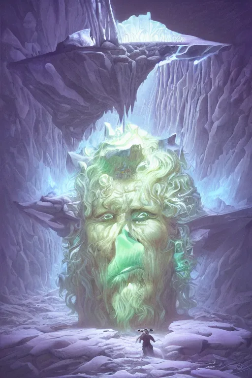 Prompt: iceberg lettuce face, painted by neil gaiman and glen orbik and julie bell and don maitz, trending on artstation, dramatic lighting isometric view epic fantasy, muted colors, futuresynth, psychedelic, lettrism