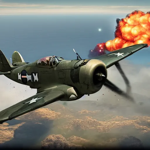 Prompt: an epic dogfight between a f 4 f - 4 wildcat and a mitsubischi a 6 m 2 b - 2 1 zero, full colour, 8 k cinematic photography, explosions in the background, parachutes, ultra realistic digital art, unreal engine