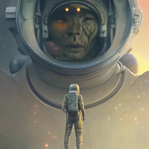 Prompt: a concept art portrait of an astronaut on a depth of field background, artstation, award - winning realistic sci - fi concept art by jim burns and greg rutkowski, beksinski, a realism masterpiece, muted color palette, james gilleard, bruegel, alphonse mucha, and yoshitaka amano