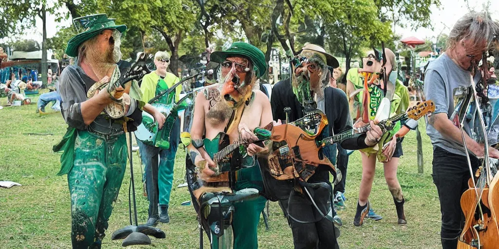 Image similar to a green-haired, funky, rustic, gentle metro dingo man with a Salvador Dali moustache mixes a band in the park