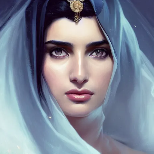 Image similar to a Photorealistic dramatic hyperrealistic render of greek arab ameera al taweel, blue eyes, wavy black hair, white veil,by WLOP,Artgerm,Greg Rutkowski,Alphonse Mucha, Beautiful dynamic dramatic dark moody lighting,shadows,cinematic atmosphere,Artstation,concept design art,Octane render,8K