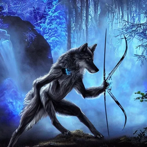 Prompt: humanoid wolf holding an bow and arrow in hand in an enchanted forest with a blue hue and blue fireflie and a waterfall in the distance that magically glows blue, insanely detailed, hyper realistic