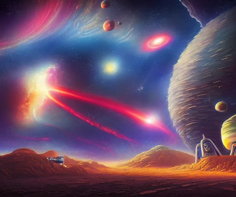 Prompt: hyper detailed 3d render like a Oil painting - people cheer at a spaceport on a beautiful faraway planet as a rocket blasts off, large gas giant in the dramatic nebula-filled alien sky, retrofuturistic science fiction vibe, by Jacek Yerka, Mariusz Lewandowski, Houdini algorithmic generative render, Abstract brush strokes, Masterpiece, Edward Hopper and James Gilleard, Zdzislaw Beksinski, Mark Ryden, Wolfgang Lettl, hints of Yayoi Kasuma, octane render, 8k, wide angle shot