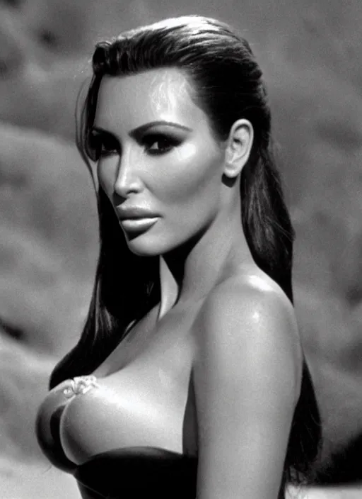 Prompt: film still of kim kardashian as ursula andress in dr. no