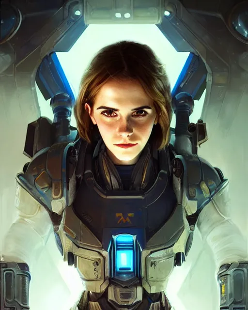 Image similar to portrait, emma watson in starcraft ii, sci - fi, futuristic armor with blue neon lights, space marine, dramatic lighting, highly detailed, digital painting, 3 d render, hyper realistic detailed portrait, greg rutkowski, wlop, ruan jia, peter mohrbacher