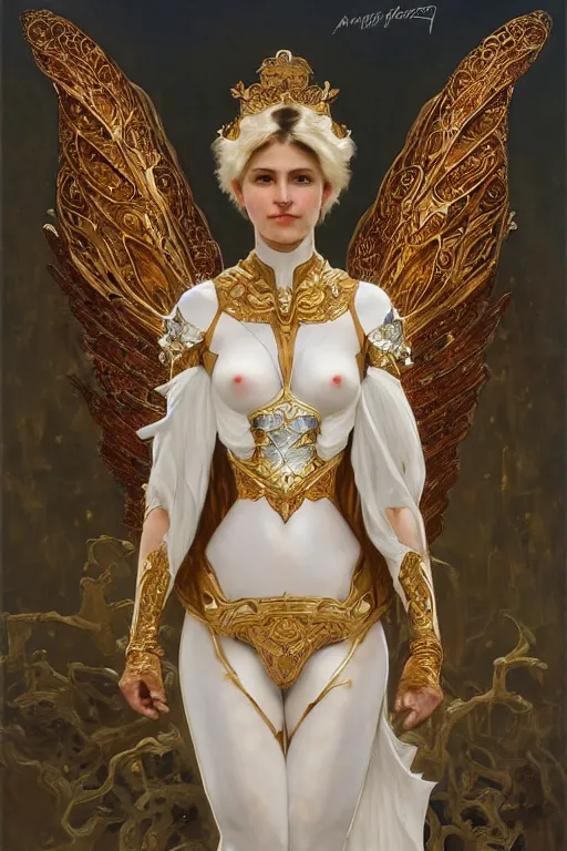 Image similar to full body portrait of a queen wearing white armor with ornate bronze and gold, white gossamer wings, art nouveau, profile, 4K, character concept art, oil painting, trending in artstation, cgsociety, by nekro, Alphonse Mucha, Artgerm, William-Adolphe Bouguereau, Greg Rutkowski