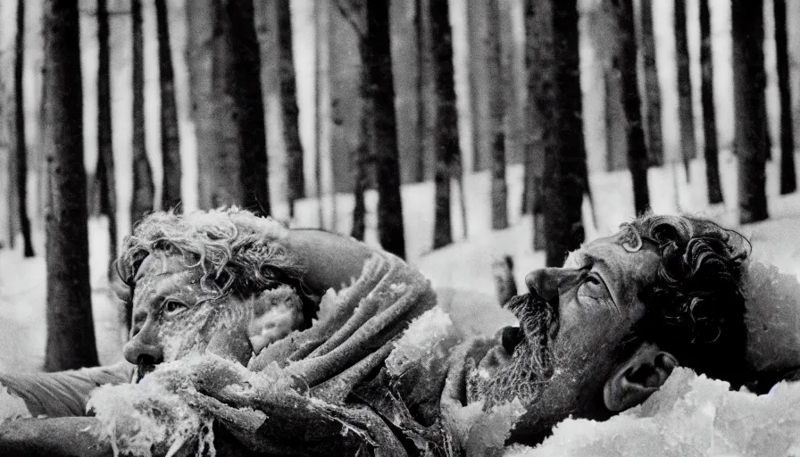 Image similar to 1 9 6 0 s movie still close up of marcus aurelius with frozen face and toga, laying down on the danube's shore pine forests, cinestill 8 0 0 t 3 5 mm b & w, high quality, heavy grain, high detail, texture, dramatic light, anamorphic, hyperrealistic, foggy