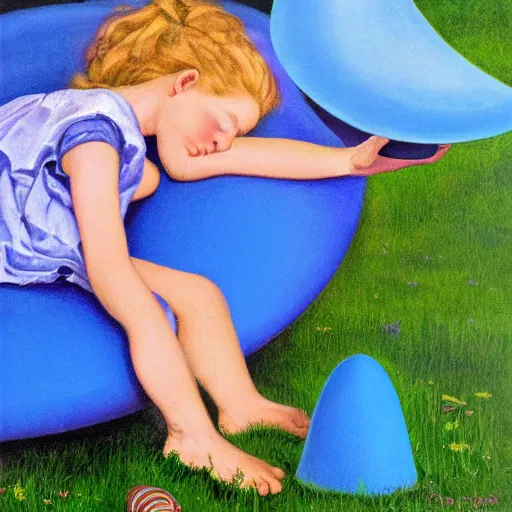 Prompt: A girl sleeping under a giant blue toadstool, artist Normal Rockwell,