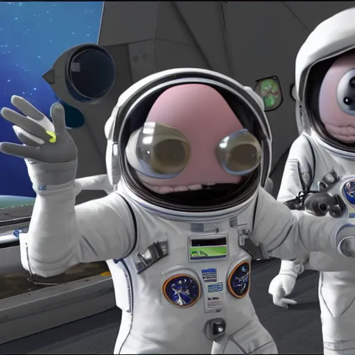 Prompt: an astronaut encounters a kerbal from kerbal space program on another planet