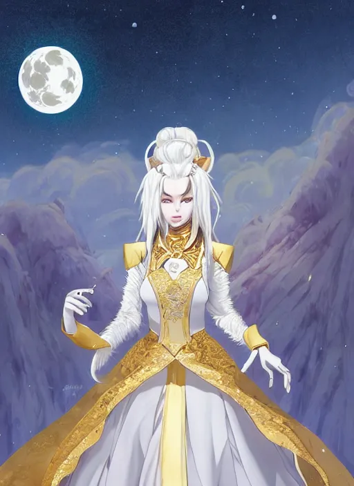 Image similar to commissioned full body portrait of a female anthro werewolf princess fursona with white hair wearing a white and gold Chinese armored dress in a white and gold palace on a starry night with a large crescent moon, by a professional manga illustrator, Stanley Artgerm Lau, WLOP, Rossdraws, James Jean, Andrei Riabovitchev, Marc Simonetti, and Sakimichan, trending on artstation