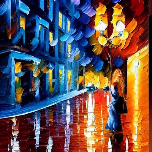 Image similar to impasto acrylic painting of a woman in a serene san francisco streetscape at night. inspired by leonid afremov, artstation, art - deco, cinematic lighting