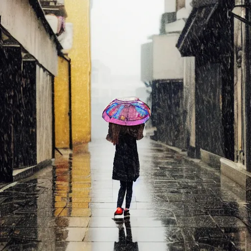 Prompt: a girl holding an oil - paper umbrella in a rainy lane