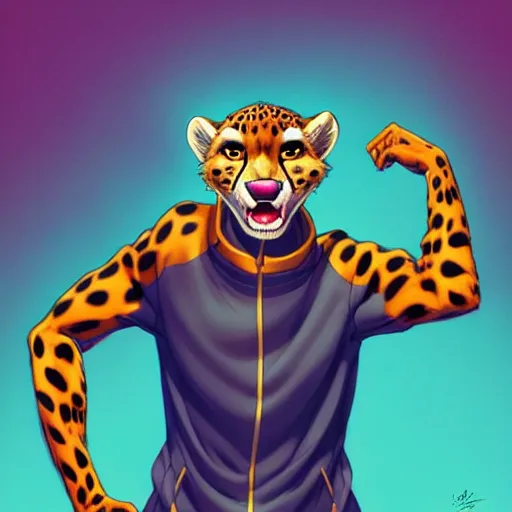 Prompt: don bluth, loish, artgerm, joshua middleton, anthropomorphic cartoon cheetah, wearing a track suit, smiling, symmetrical eyes, symmetrical face, colorful animation forest background