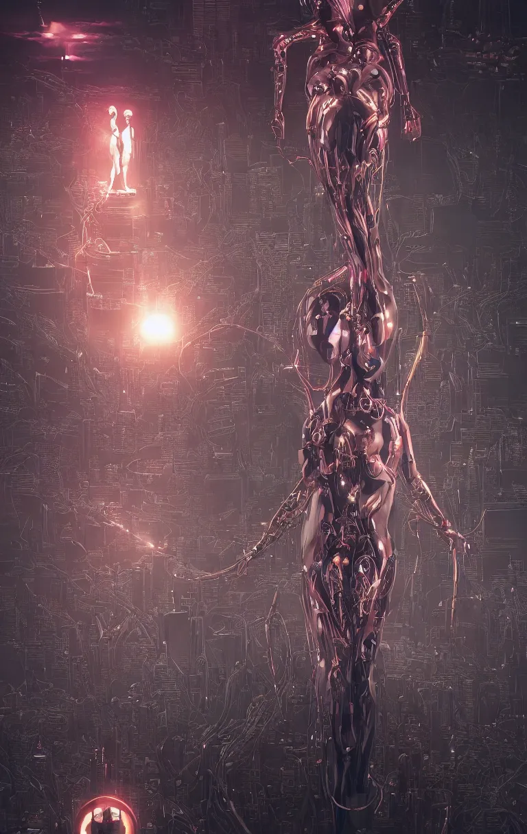 Image similar to award winning portrait of a crucified gargantuan female biomorphic cyborg goddess queen in the style of death stranding, neon genesis evangelion, with intricate energy core connecting to a futuristic downtown city, mightnight by artgerm, jean moebius giraud, yoshitaka amano, beeple, greg rutkowski. octane render.