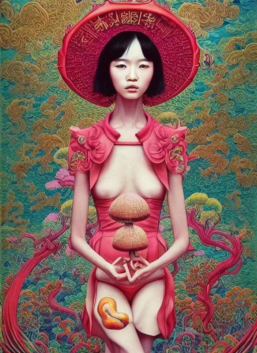 Image similar to pretty chinese model with hallucination mushroom : : by martine johanna and simon stalenhag and chie yoshii and casey weldon and wlop : : ornate, dynamic, particulate, rich colors, intricate, elegant, highly detailed, vogue, harper's bazaar art, fashion magazine, smooth, sharp focus,