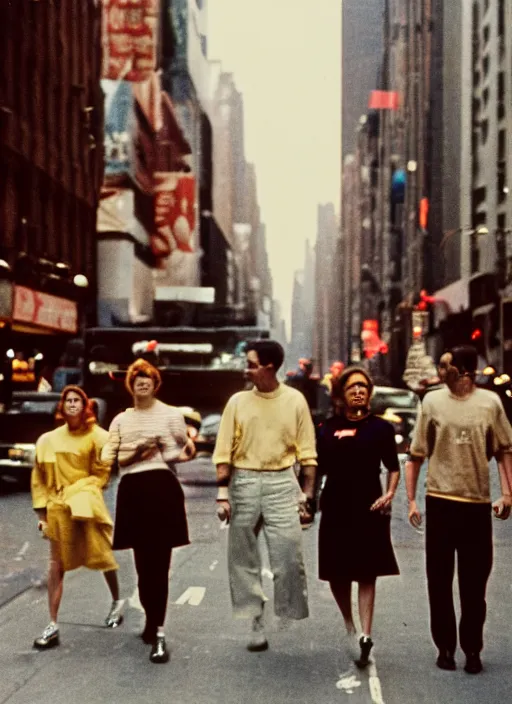 Image similar to a 35mm photograph of a group of aliens walking down the street in New York City in the 1960's, bokeh, Canon 50mm, cinematic lighting, photography, retro, film, Kodachrome