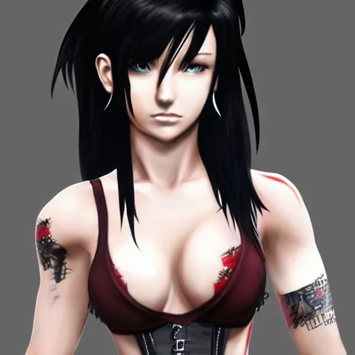 Prompt: concept art of tifa lockhart with tattoos, highly detailed, trending on artstation