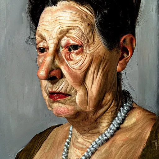 Image similar to high quality high detail painting by lucian freud, hd, exaggerated portrait of colonial queen, photorealistic lighting