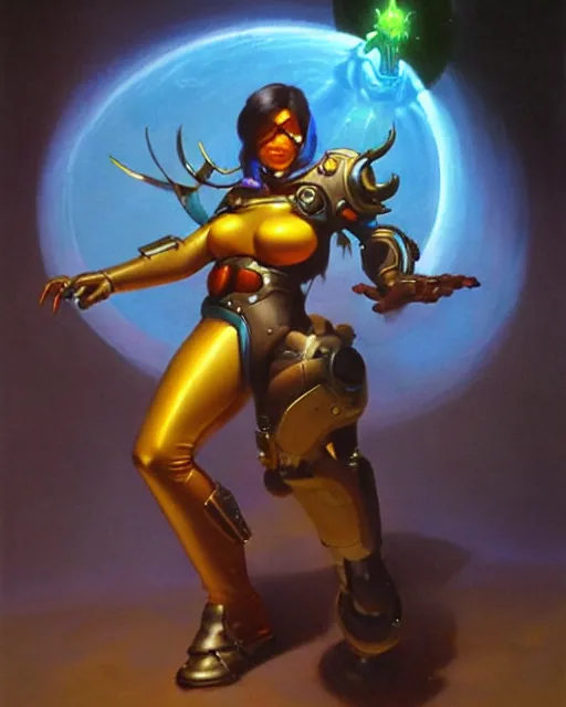 Image similar to junkray from overwatch, fantasy art, sci - fi art, radiant light, caustics, by boris vallejo