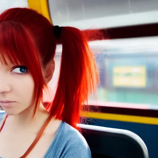 Image similar to A cute anime girl with red hair in a pony tail, she is riding the train to work early in the morning.