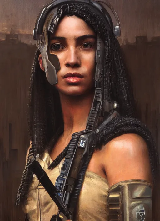 Image similar to buff Sophia. beautiful cyberpunk soldier wearing a military vest and military jumpsuit (cyberpunk 2077). gorgeous african face. Iranian orientalist portrait by john william waterhouse and Edwin Longsden Long and Theodore Ralli and Nasreddine Dinet, oil on canvas. Cinematic, hyper realism, realistic proportions, dramatic lighting, high detail 4k