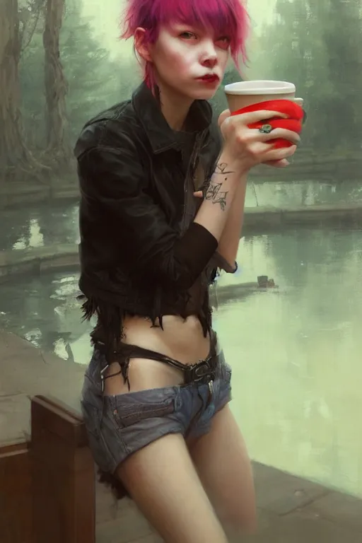 Prompt: portrait of a punk girl on a date with pepe! the frog! drinking coffee in the style of fenghua zhong and ruan jia and jeremy lipking and peter mohrbacher, extremely detailed digital painting, 8 k