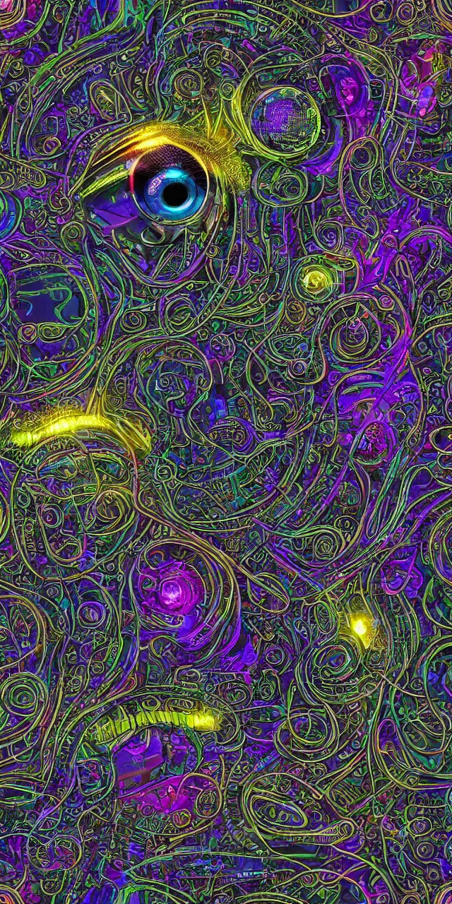 Image similar to a seamless pattern of Cybernetic Eye with intricate reflections and circuits, colorful, fantasy, vivid colors, large motifs, concept art, sharp focus, digital art, Hyper-realistic, 4K, Unreal Engine, Highly Detailed, HD, Dramatic Lighting by Brom, trending on Artstation, photorealistic, masterpiece, smooth gradients, no blur, sharp focus,insanely detailed and intricate, cinematic lighting, Octane render, epic scene, 8K