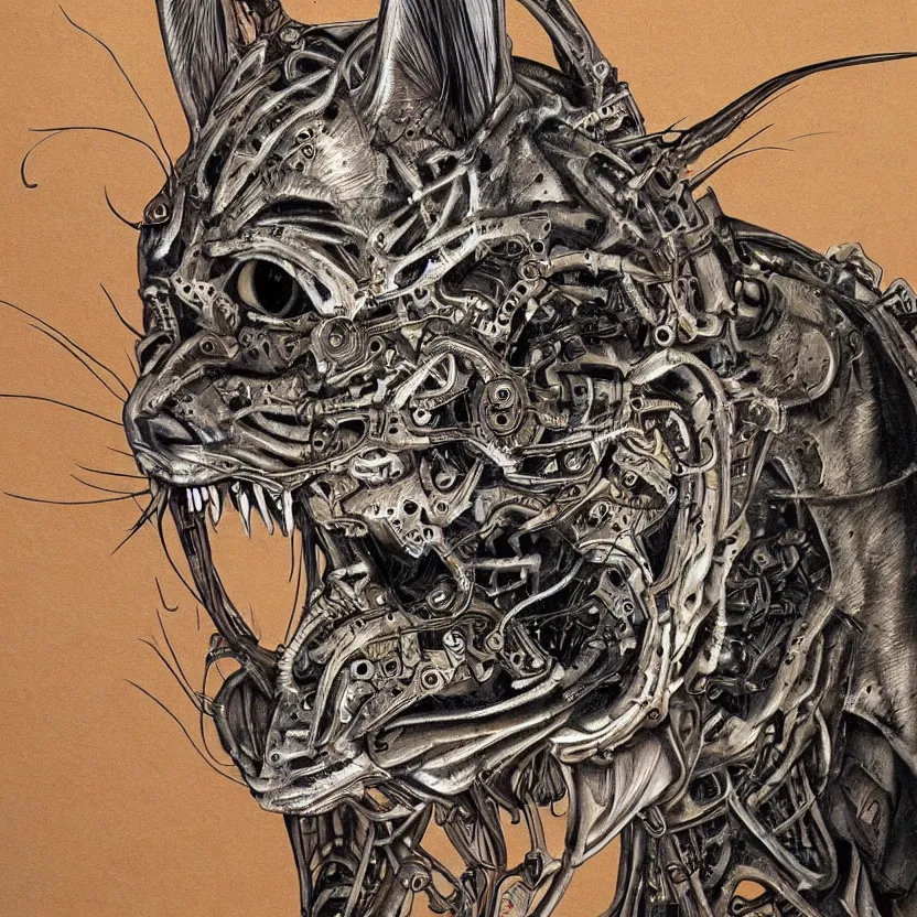 Prompt: detailed realistic portrait artwork of a biomechanical lynx by subjekt zero. colored centered uncut. slightly lowbrow. influenced by andrei riabovitchev and igor goryunov. artwork by subject zero