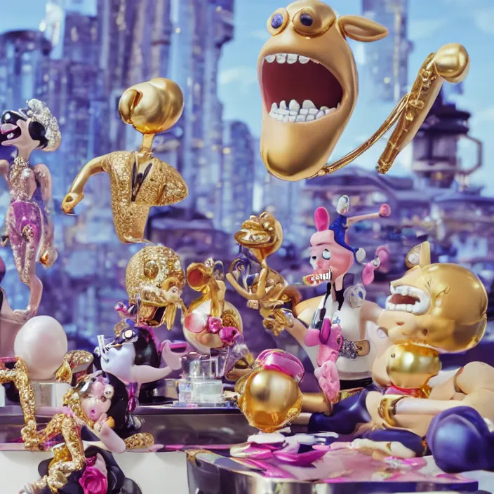 Image similar to jeff koons hip hop bauhaus style street sharks sailor moon wearing diamond grillz and a ton of bussdown iced gold bling in wallace & gromit strata - cut claymation, ultra realistic, concept art, intricate details, serious, highly detailed, photorealistic, octane render, 8 k, unreal engine, art by greg rutkowski