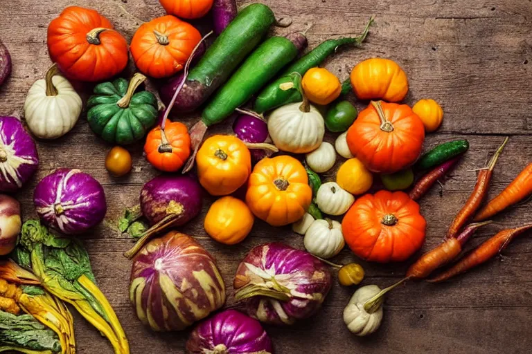 Prompt: magazine quality photo shoot of beautifully displayed fall vegetables
