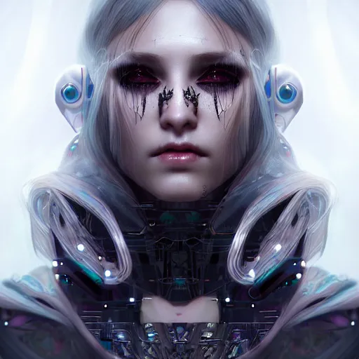 Image similar to cyberpunk robotic dark elvish queen, diadem on the head, cyber implants, black tears, extremely detailed, hyperrealistic, intricate, soft light, fantasy, digital painting, art station, perfect faces, fine details, by wlop