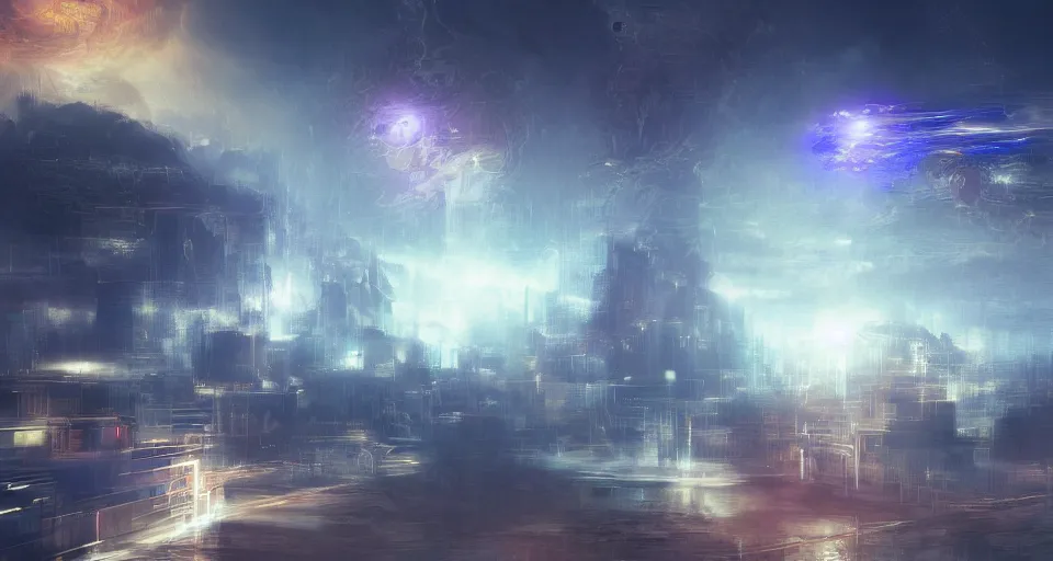 Image similar to Mech robot city under attack. By Joseph Mallord William Turner, fractal flame, highly detailded