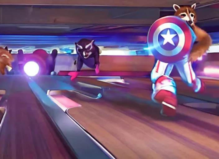 Prompt: film still of Rocket Racoon goes bowling in the new Avengers movie, 4k