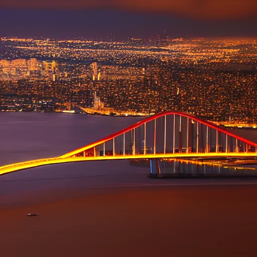 Image similar to two modern cities at night separated by a bay reflecting a red moon, connected by two bridges