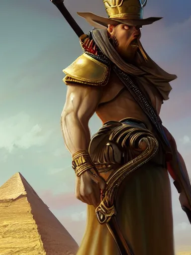 Prompt: a handsome man, leaning on his staff, near the great pyramids. intricate, elegant, highly detailed, digital painting, artstation, concept art, sharp focus, illustration, by justin gerard and artgerm, 8 k