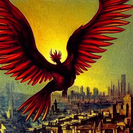 Prompt: Glowing Phoenix bird flying above a city at night painted by Caravaggio. High quality.
