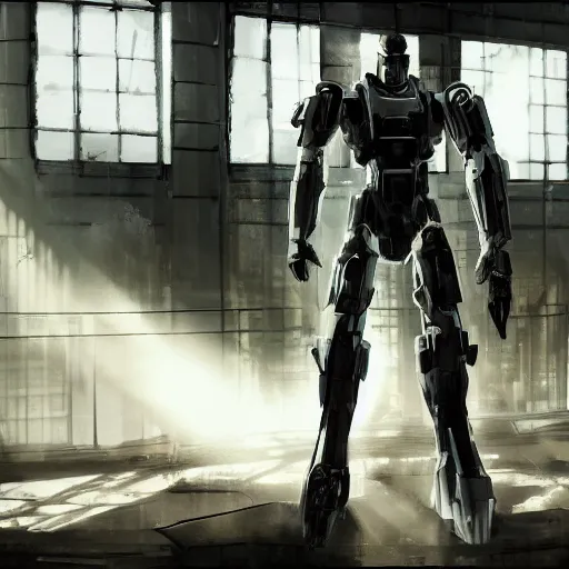 Image similar to 2044 White mecha armor intimidating warrior sitting on the couch in abandoned warehouse sunlight pours in through a multipane window revealing dust motes and god rays cyberpunk photo