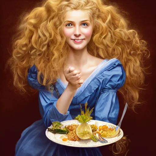 Image similar to epic portrait an poster showing an waitress holding a plate of food and smilling, curly blonde hair, pretty face, glossy skin, digital painting, artstation, concept art, soft light, hdri, smooth, sharp focus, illustration, fantasy, intricate, elegant, highly detailed, D&D, matte painting, in the style of Greg Rutkowski and Alphonse Mucha and artemisia, 8k, highly detailed, jurgens, rutkowski, bouguereau, pastoral, rustic, georgic