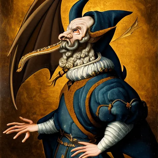 Image similar to baroque painting of a medieval dragon dressed as a wizard, the dragon has a long white beard, crescent moon in the background, detailed fullbody portrait, 8K HD image