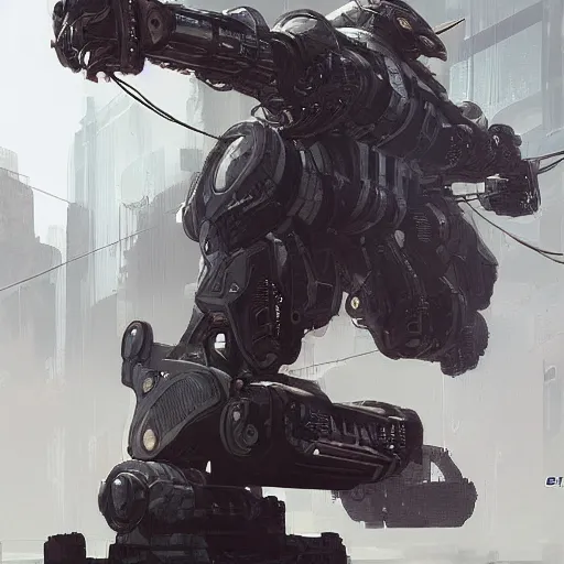 Prompt: a cat mecha the image is futuristic, has cyberpunk style, has cables, wires, it is photorealistic, highly detailed, gritty texture, and trending in Artstation, created by Craig Mullins and Feng Zhu