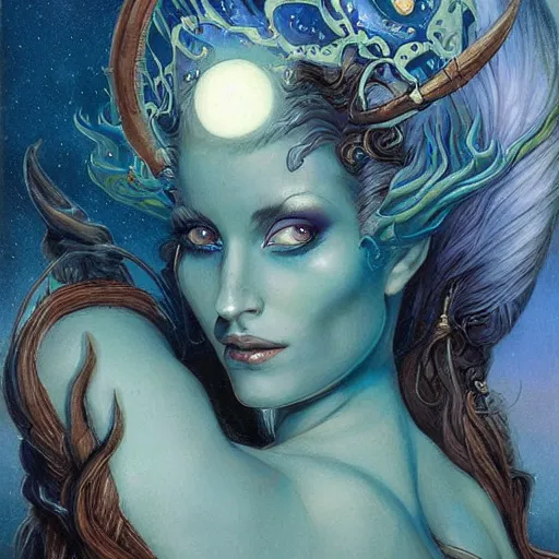 Image similar to portrait of princess of the dreamlands and moon beast, beautiful! coherent! by brom, deep colors, strong lines, high contrast