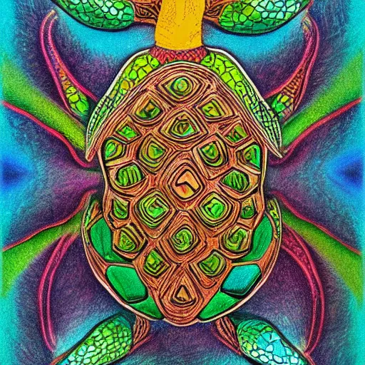 Image similar to turtle sparrow crystal apotheosis, in the style of alex grey and maxfield parish,