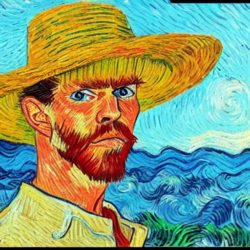 Image similar to straw hat luffy in the style of Vincent Van Gogh, portrait, seaside